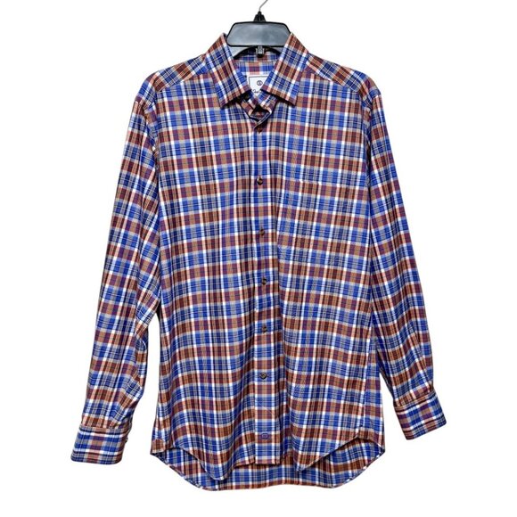 David Donahue Mens Blue/Orange Plaid 100% Cotton Long-Sleeve Button-Down Size M - Picture 1 of 11